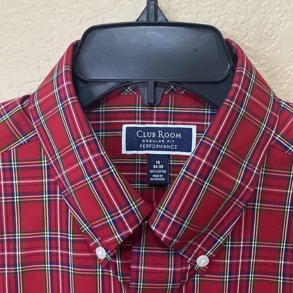 Men’s Club Room Regular Fit Performance Shirt Cotton Red Navy Green Neck 16 NWT - Picture 2 of 10